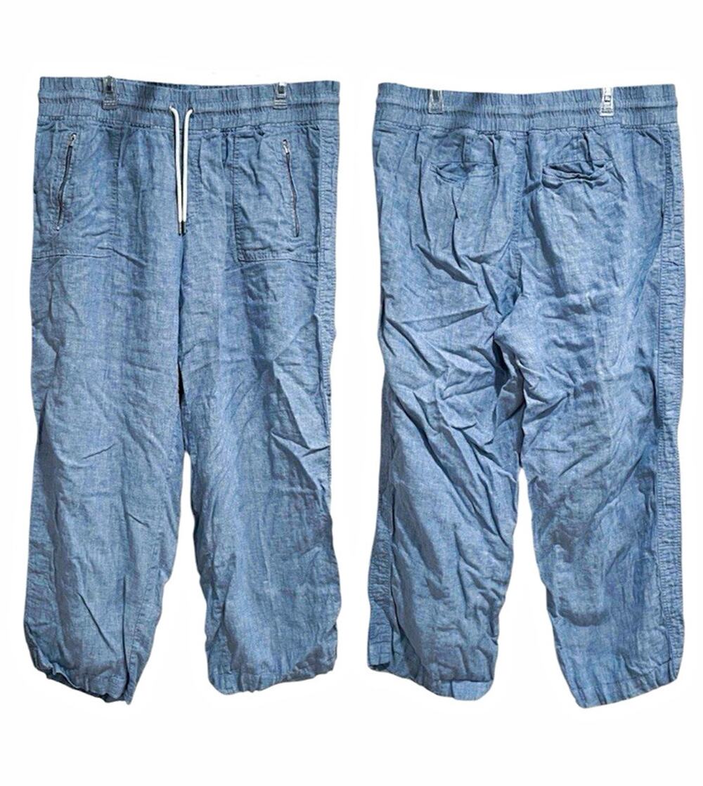 Athleta Womens Lagenlook Cabo Linen Wide Leg Pants Size 18 Blue Coastal Pull On